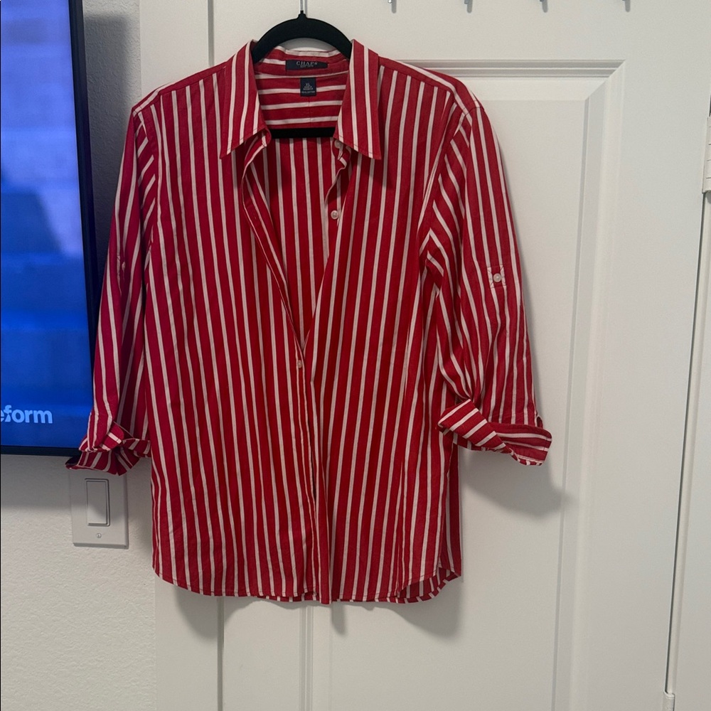 Red and White Striped Button-Up Shirt